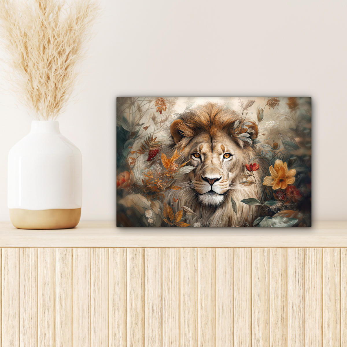 LEINWANDBILD Löwe - Wildtiere - Pflanzen - Natur - Blumen Deko Schlafzimmer 30x20 cm - Beige, Textil (30/20cm) - MuchoWow