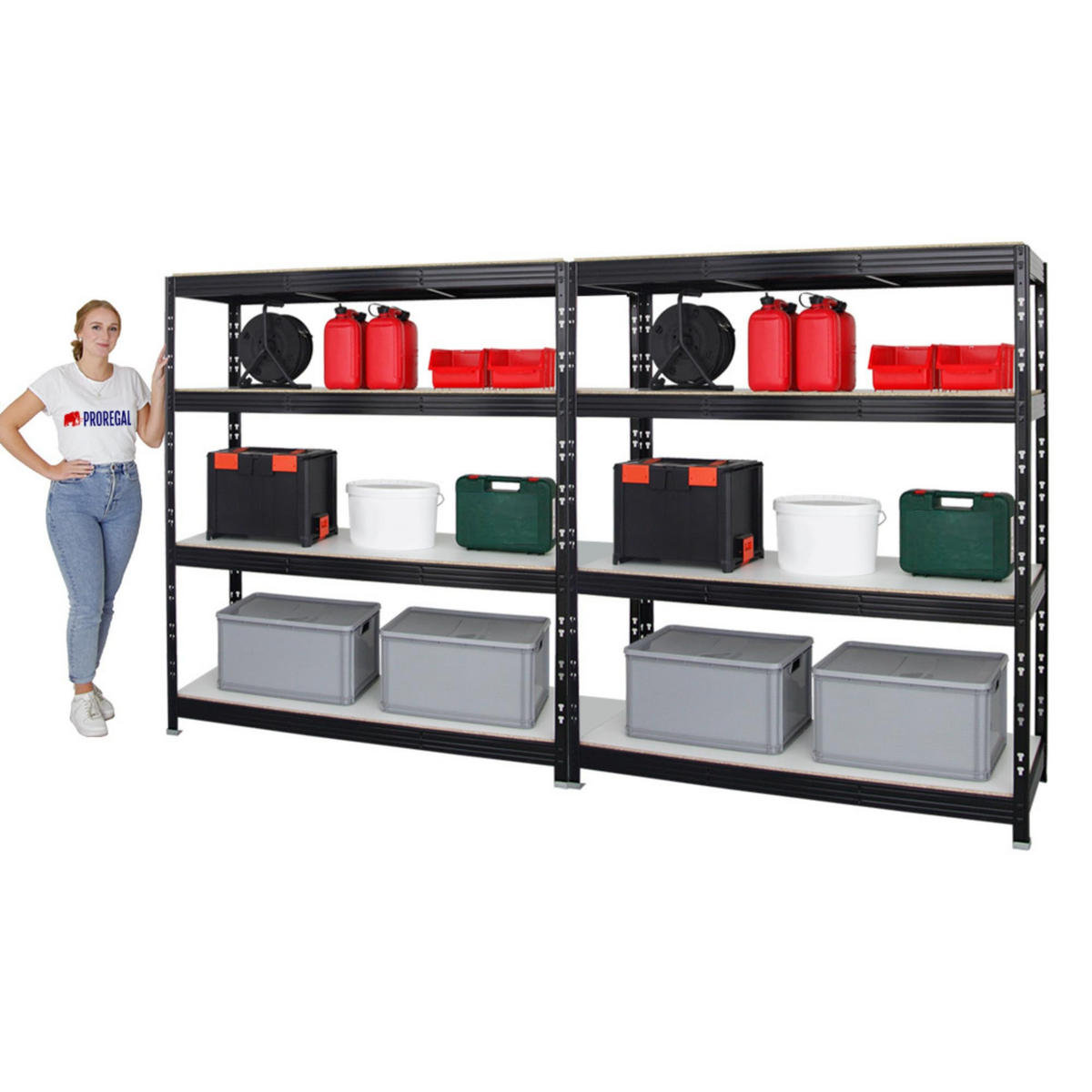 SCHWERLASTREGAL Rhino 2er-Set mit 2x 180x160x60 cm 4 Melamin-Ebenen 16mm Fachlast 500 kg Schwarz - Schwarz, Metall (320/180/60cm) - PROREGAL