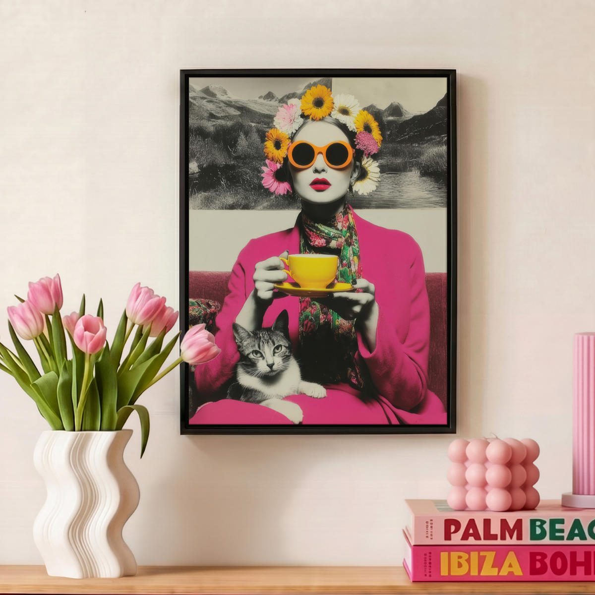 LEINWAND Bilder mit Rahmen - Frau - Katze - Blumen - Tasse - Retro - 30x40 - Magenta, Textil (30/40cm) - MuchoWow