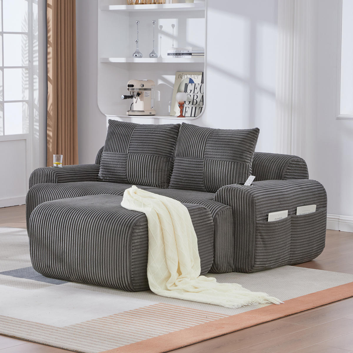 ECKSOFA 200/174/80 cm dunkelgrau aus Cord mit Cupholder und Seitentasche - Dunkelgrau, Textil (174/200cm) - OKWISH