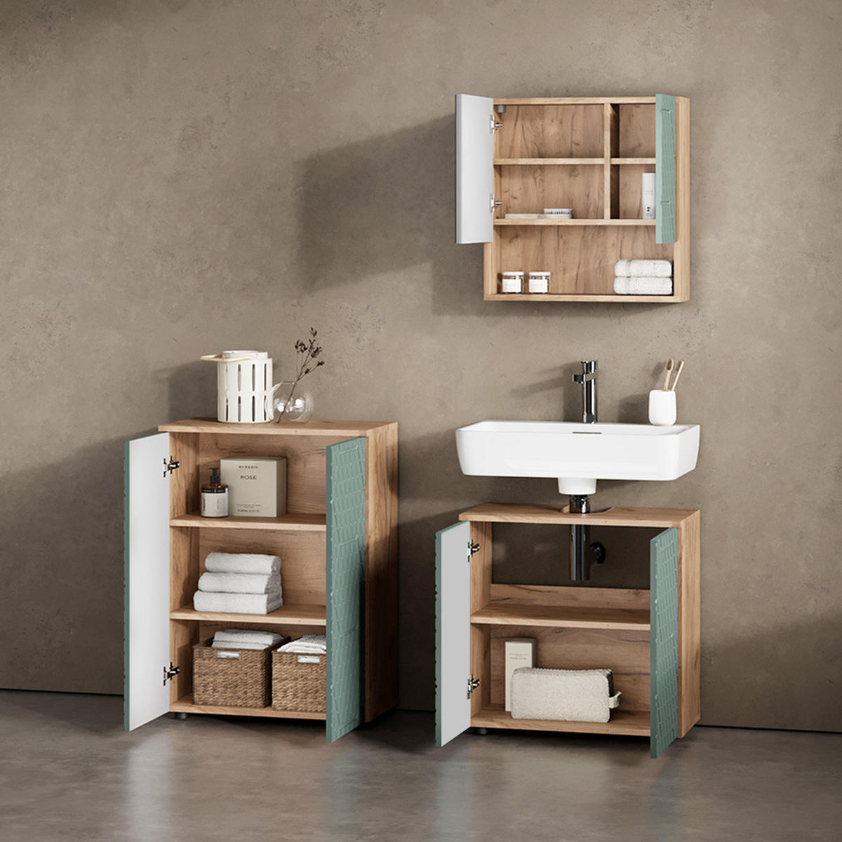 BADMÖBEL-SET Ronco Grün/Goldkraft Eiche 3 Teile, mit Unterschrank 60 cm - Honigeiche/Grün, Holzwerkstoff (60/59/30cm) - Livinity®