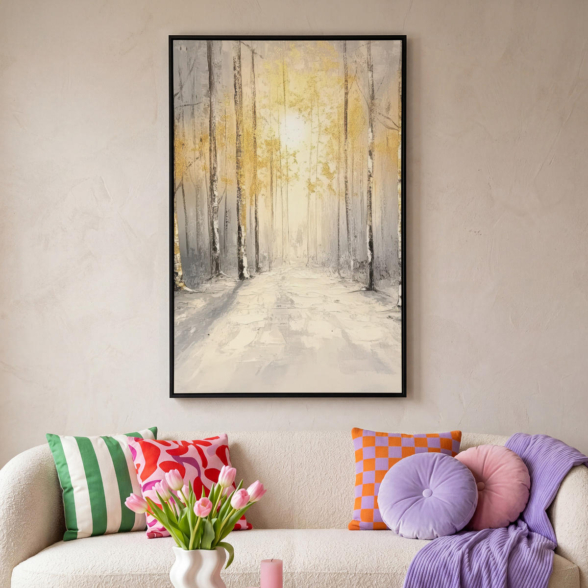 LEINWAND Bilder mit Rahmen - Winter - Abstrakt - Schnee - Natur - Sonne - 80x120 - Grau, Textil (80/120cm) - MuchoWow