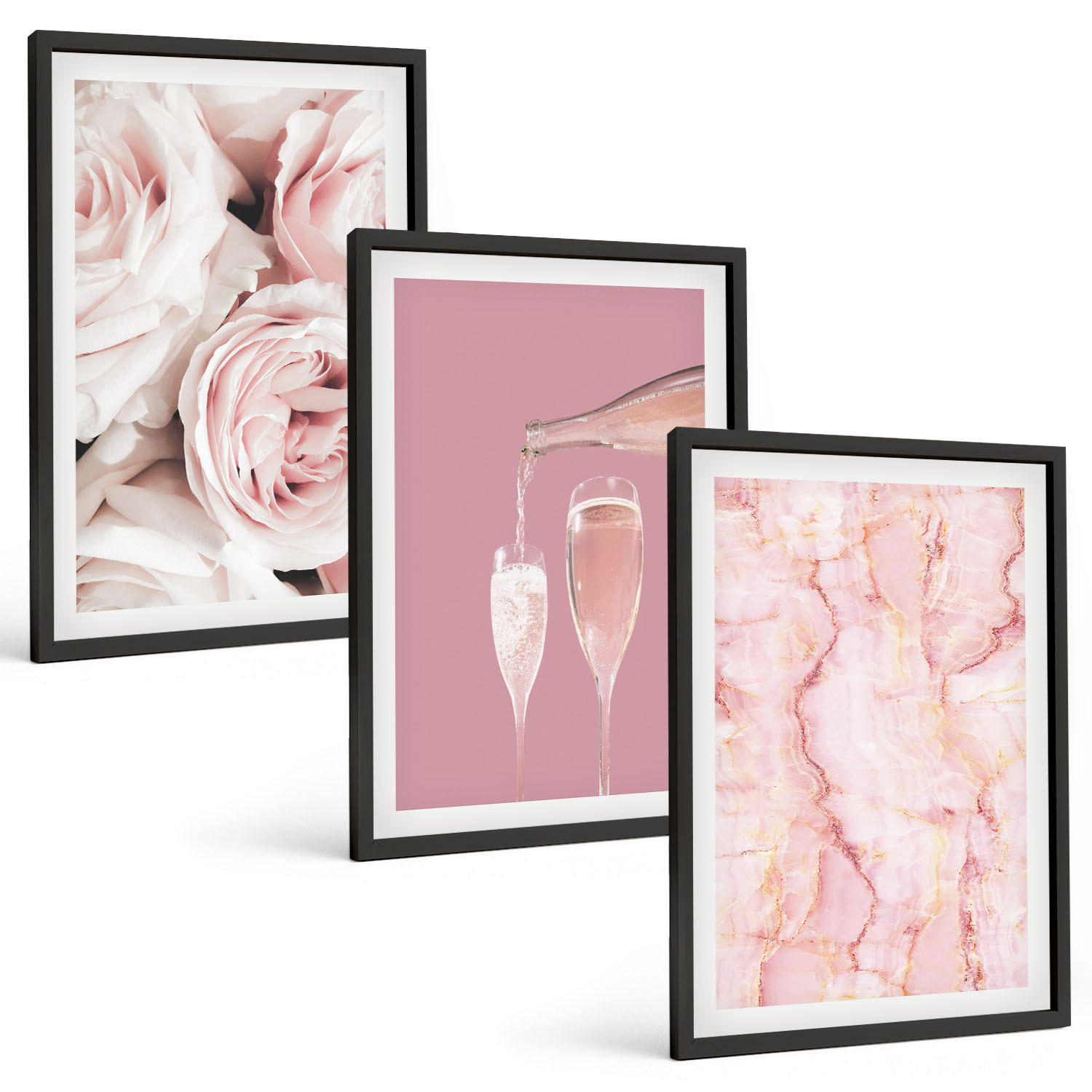 BILDER SET 3er Set - 40x60 cm Schwarzer Rahmen - Champagnerfarbene Rosen, Marmorhintergrund - Schwarz, Kunststoff (40/60cm) - TULUP