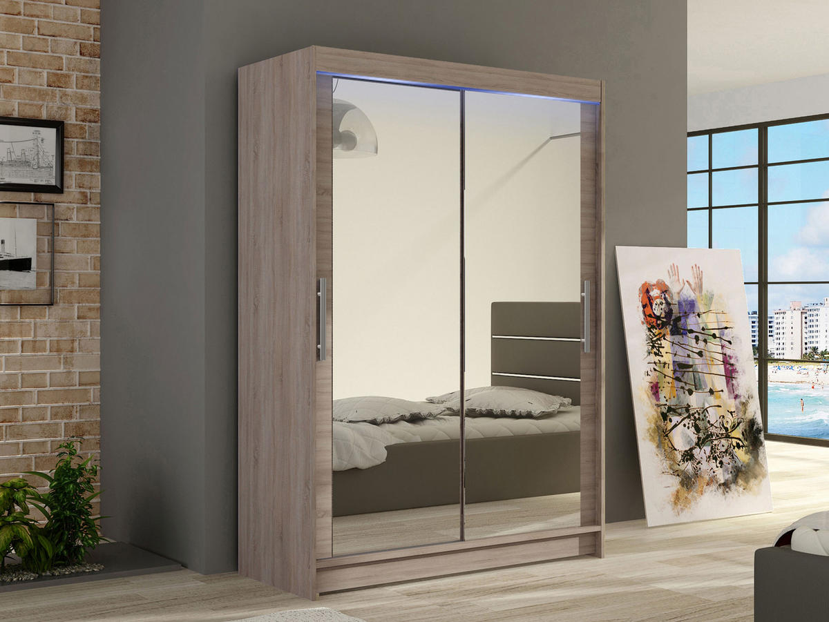 KLEIDERSCHRANK Miami VII, mit RGB LED Beleuchtung - Silberfarben/Trüffeleichefarben, Holzwerkstoff/Kunststoff (120/200/58cm) - MIRJAN24