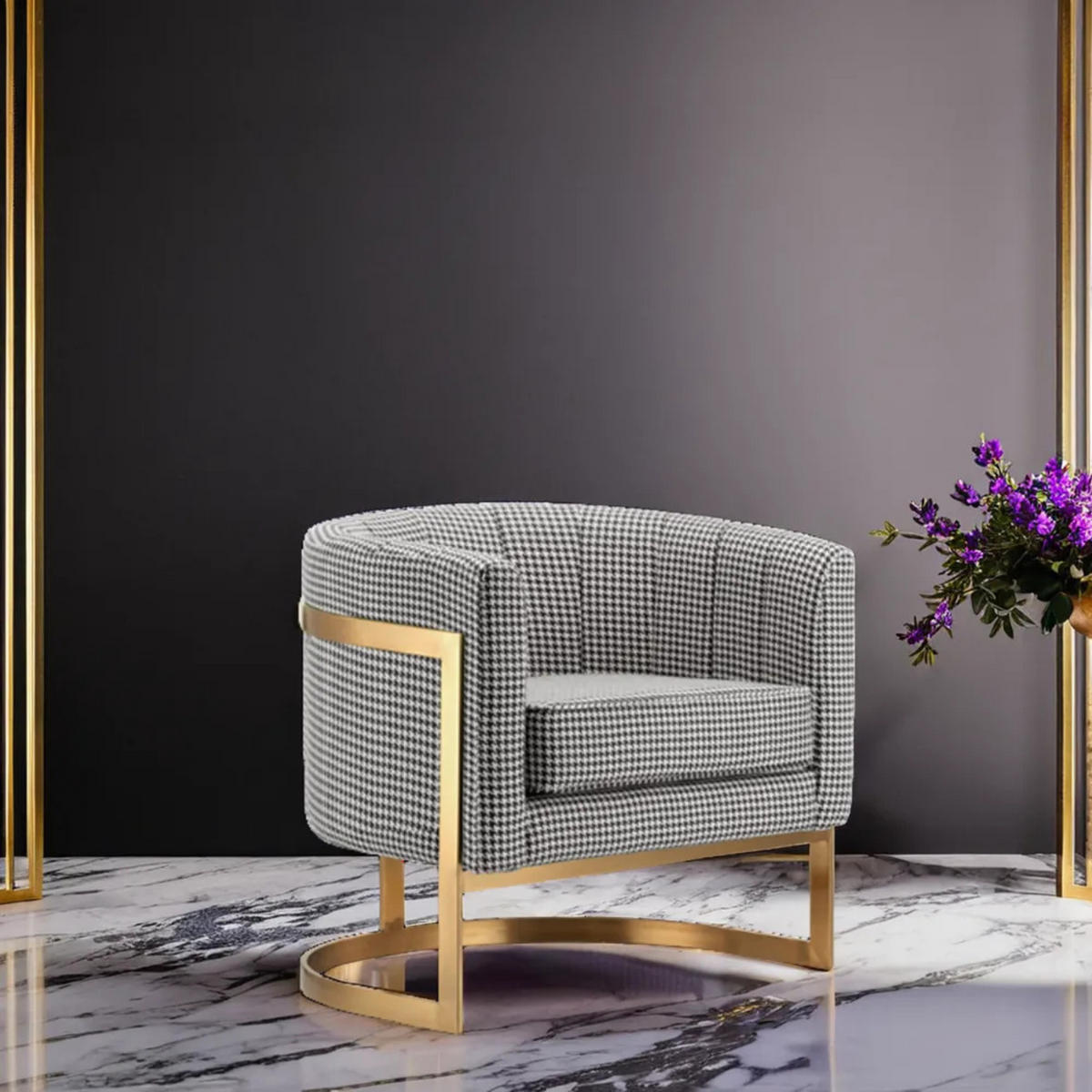 DESIGNSESSEL Sessel mit Edelstahlrahmen Modern Glamour – Pepitamuster - Silberfarben, Textil/Metall (75/71/68cm) - Fortisline
