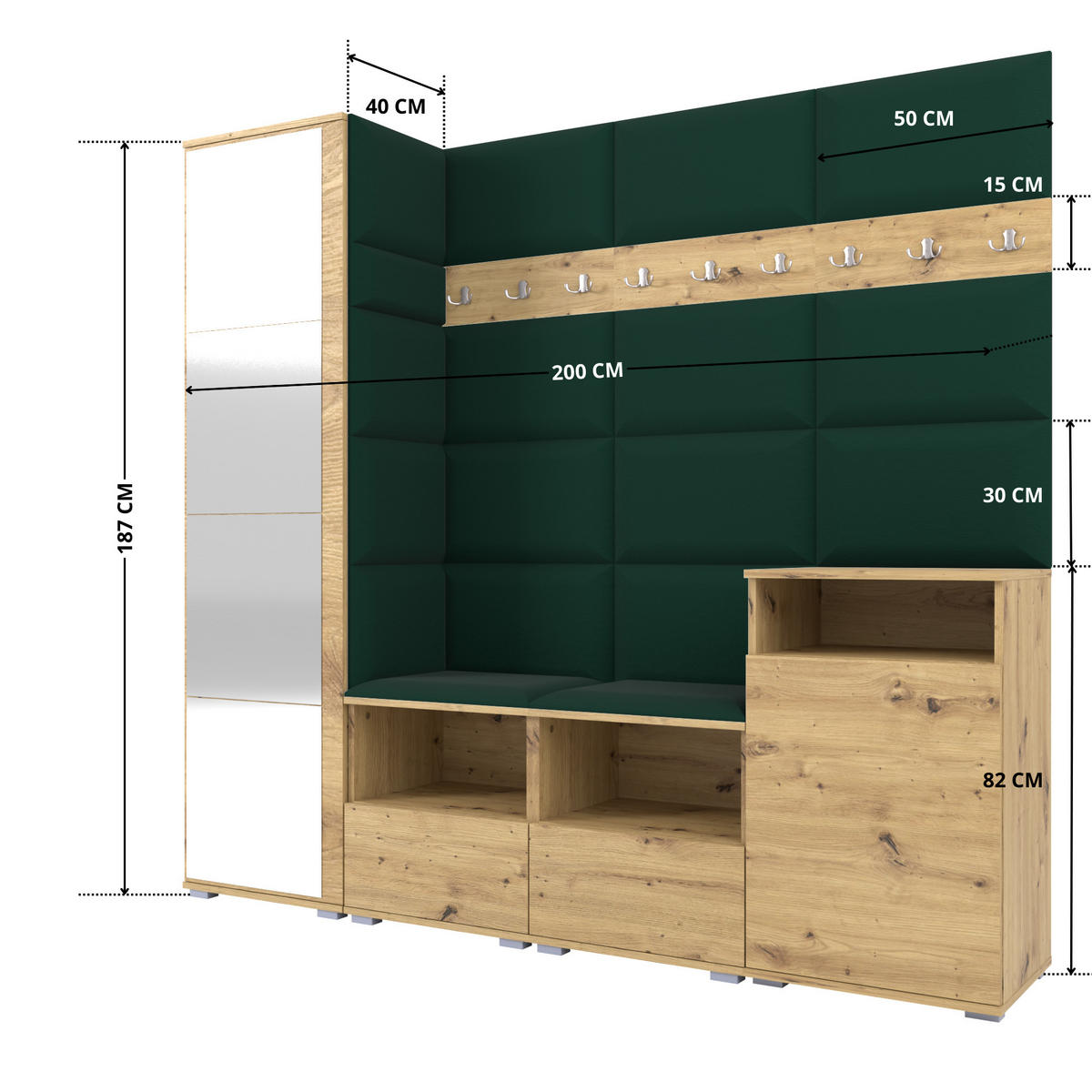 GARDEROBE NELA X 200 cm (Modulare Flurmöbel Artisan Eiche mit Spiegel & Sitzpolster Flaschengrün 28 Schrank + Sideboard) - Dunkelgrün/Silberfarben, Holz/Holzwerkstoff (200/187/40cm) - Ravio