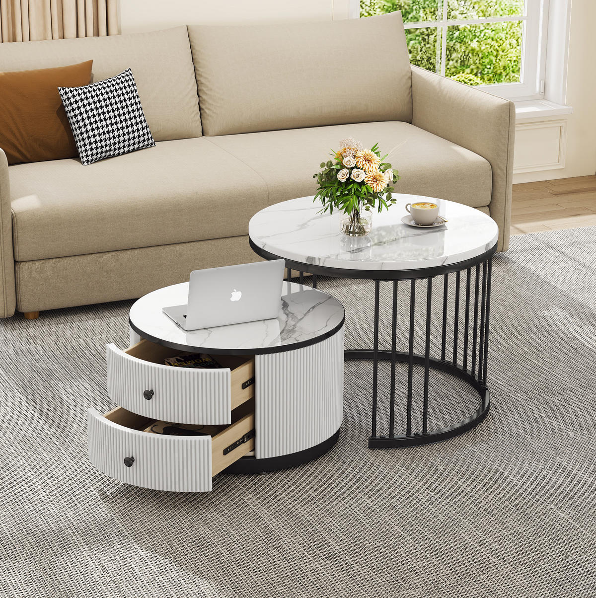 COUCHTISCH-SET aus MDF 60x60x45,5 cm und 50x50x32 cm Weiß+Schwarz mit 2 Schubladen - Weiß, Holzwerkstoff (60/60/45cm) - IVMEU