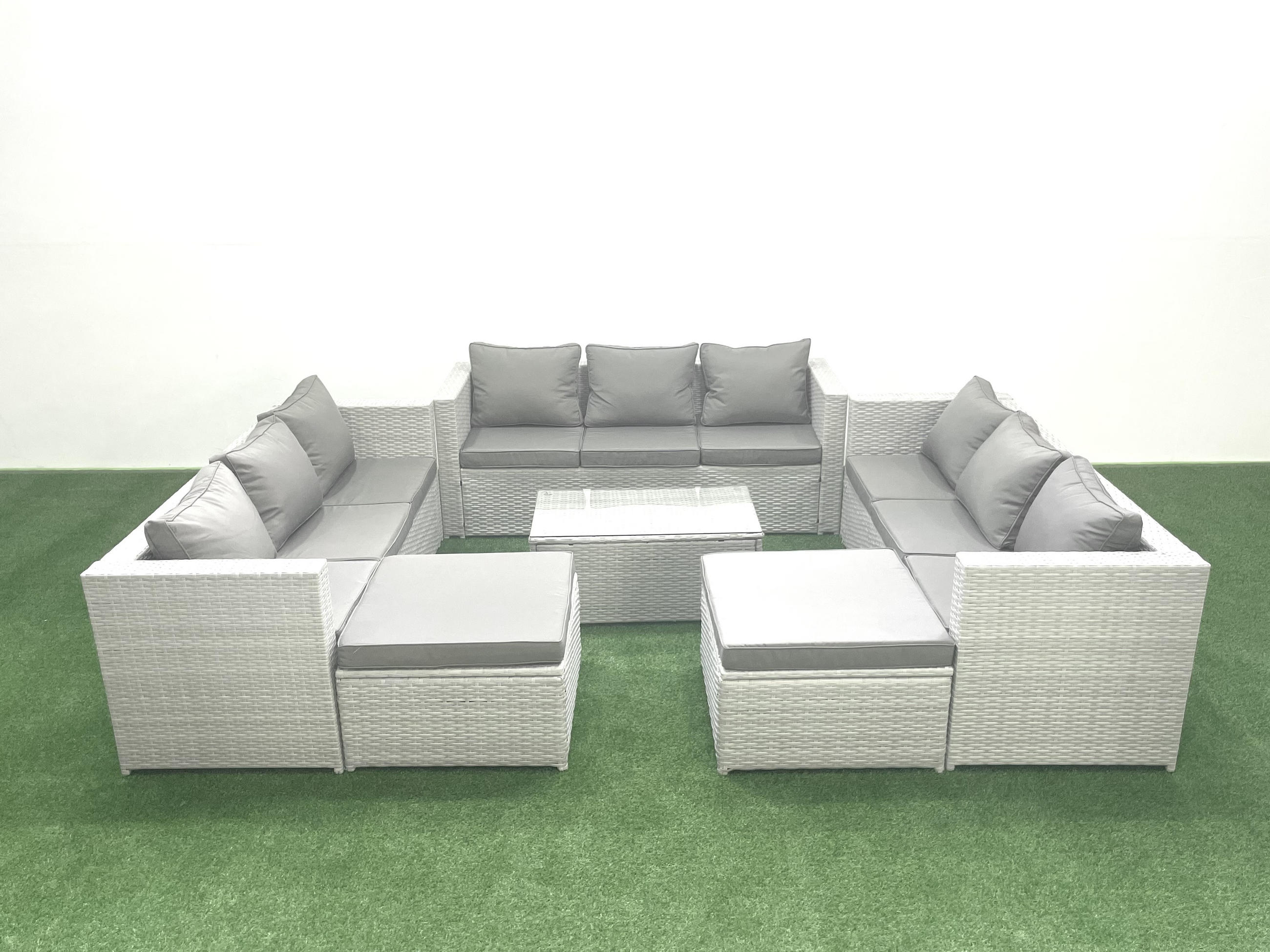 GARTENSET mit 3-SITZER SOFA,COUCHTISCH Polyrattan Hellgrau-Mix 11-Sitzer - Hellgrau/Grau, Glas/Kunststoff - Fimous