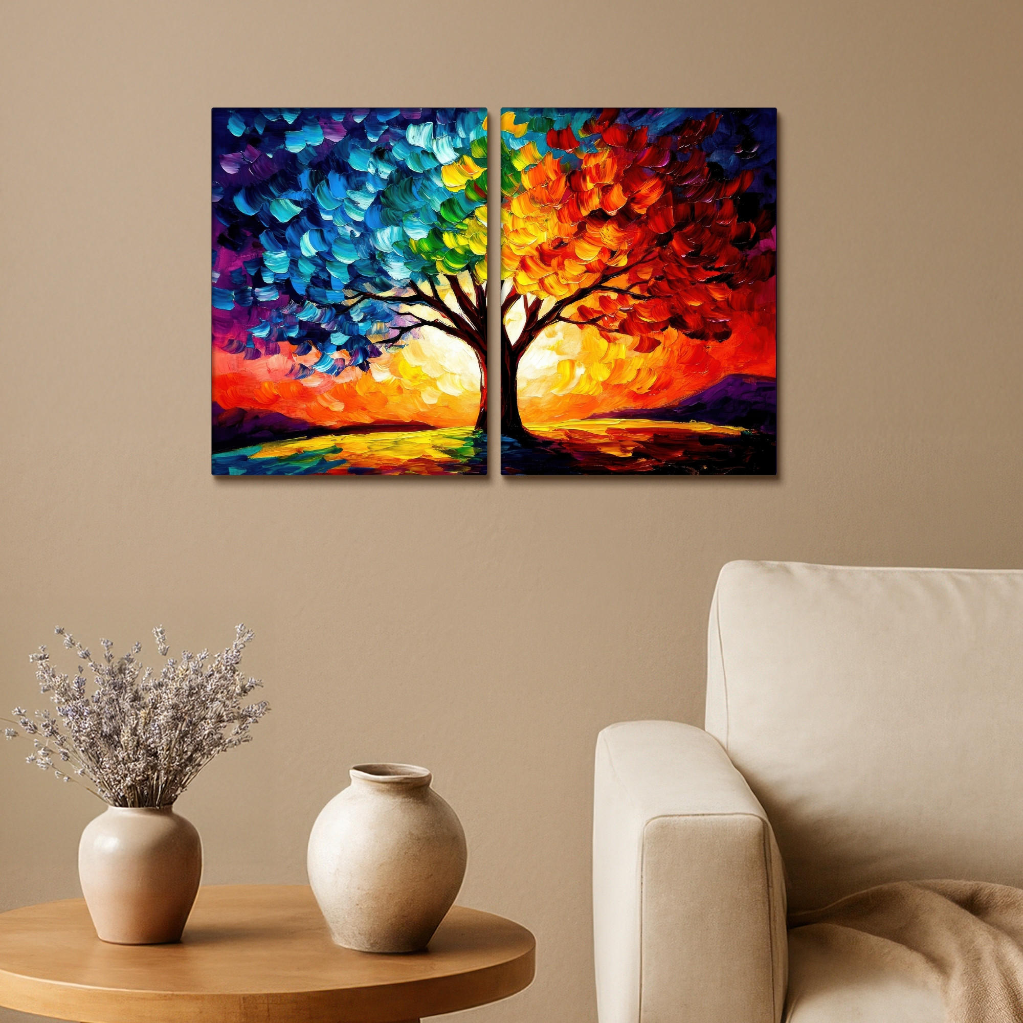 LEINWANDBILD 2er Set Baum - Farbenfroh - Malerei-Look - Abstrakt 60x40 cm - Multicolor, Textil (60/40cm) - MuchoWow