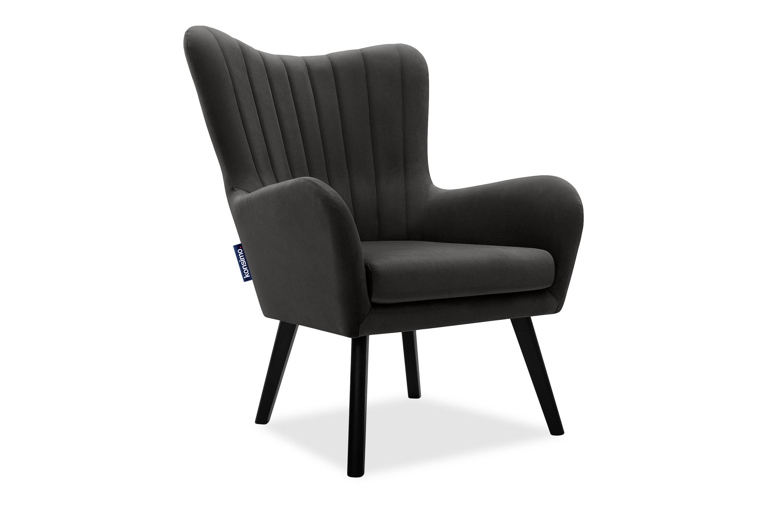OHRENSESSEL GADI Velourstoff, Dunkelgrau - Dunkelgrau/Schwarz, Holz/Textil (76/100/78cm) - KONSIMO®