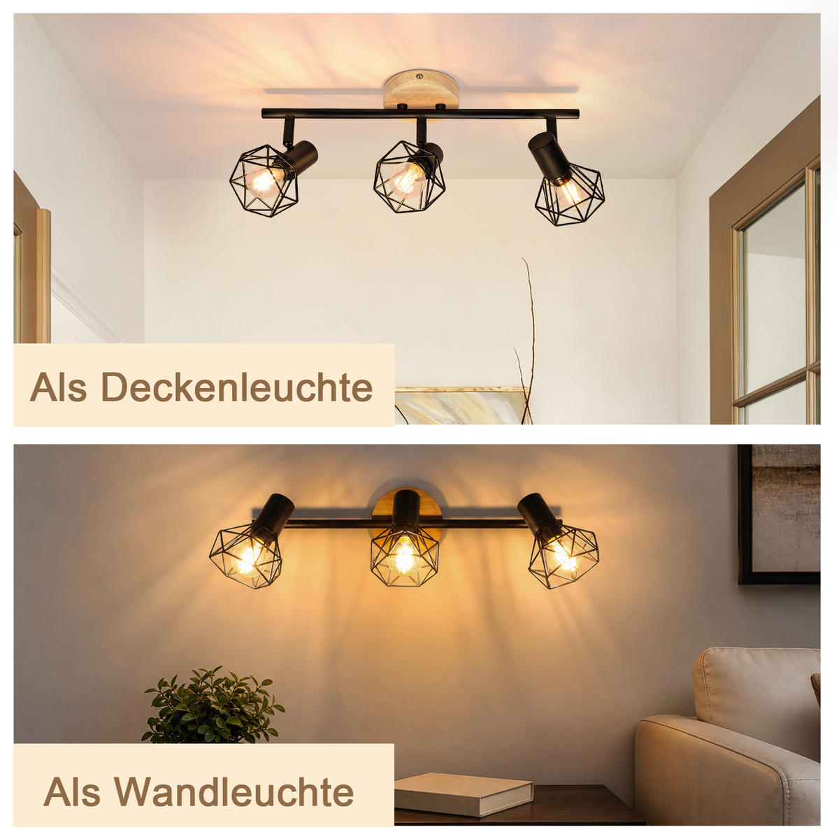 DECKENSTRAHLER Helyvith 42.5/9.2/15.3 cm - Schwarz/Braun, Holz/Metall (42.5/9.2/15.3cm) - ZMH