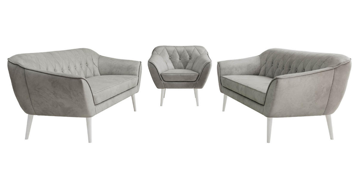 SEDACÍ SOUPRAVA 3+3+1 PIRS - Světle šedá Samet - Bílé nohy - bílá/světle šedá, kompozitní dřevo/textil (180/75/74cm) - MKS