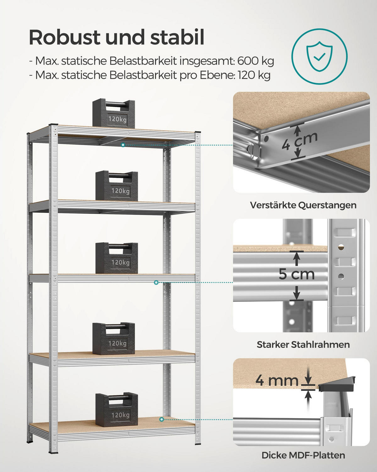 SCHWERLASTREGAL Edmonton - Silberfarben, Metall (50/200/100cm) - Hansiro