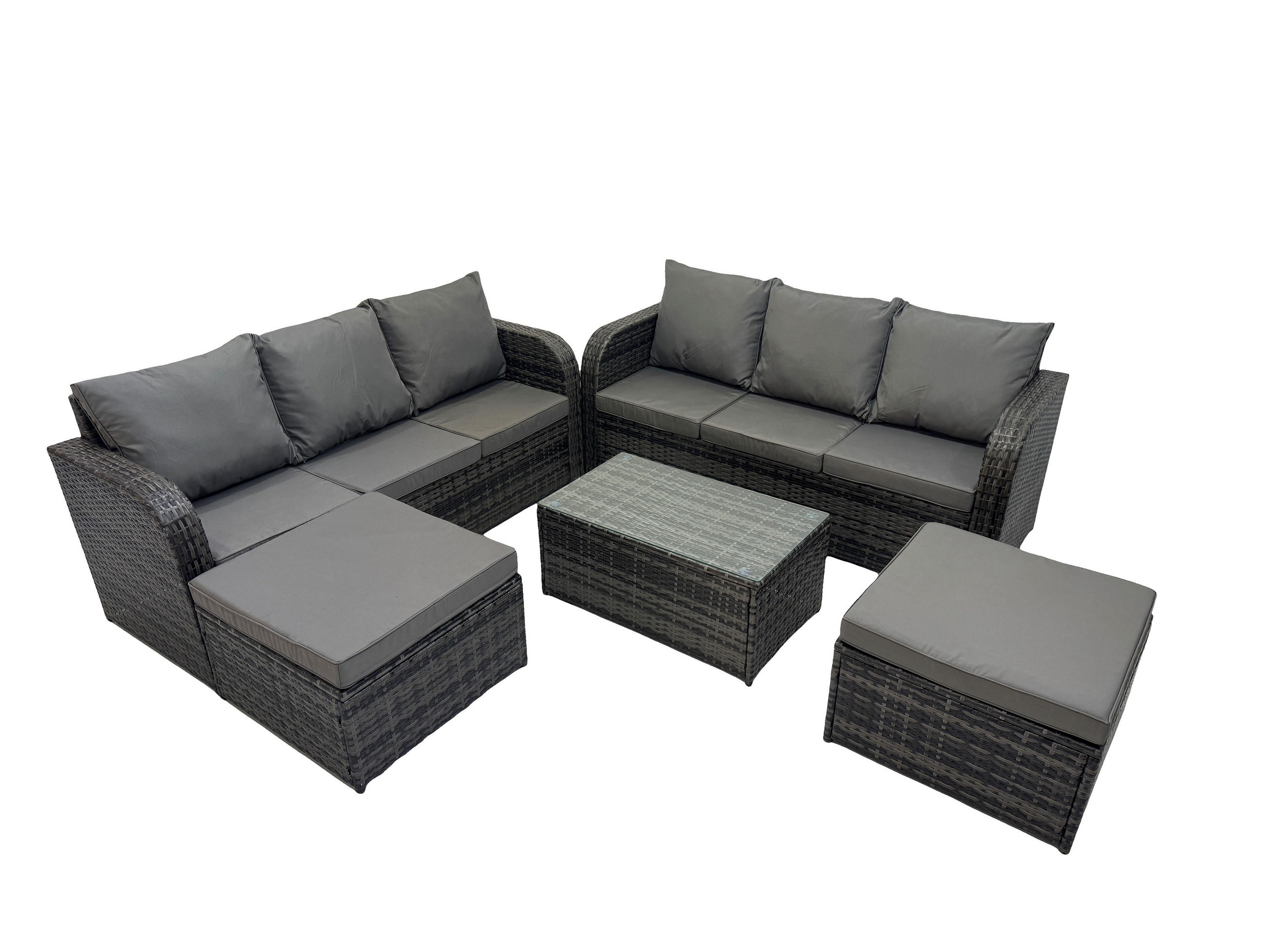 GARTENMÖBEL-SET mit Kissen Polyrattan Dunkelgrau 8-Sitzer - Dunkelgrau/Grau, Glas/Kunststoff - Fimous