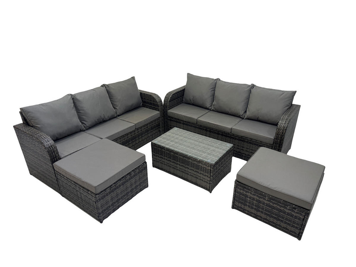 GARTENMÖBEL-SET mit Kissen Polyrattan Dunkelgrau 8-Sitzer - Dunkelgrau/Grau, Glas/Kunststoff - Fimous