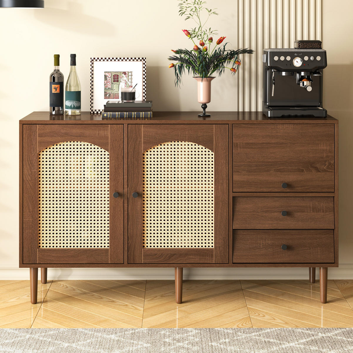 SIDEBOARD 130/40/75,5 cm in Holzfarbe mit Rattantüren und verstellbaren Böden - Eichefarben, Holzwerkstoff (130/75.5/40cm) - Flora Grace