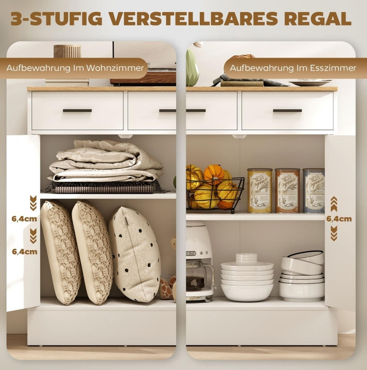 SIDEBOARD aus Holzwerkstoff 68,6x35x90,3 cm Weiß mit 2 Schubladen, verstellbarem Regal und viel Stauraum - Weiß, Holzwerkstoff (68.6/90.3/35cm) - Modfu