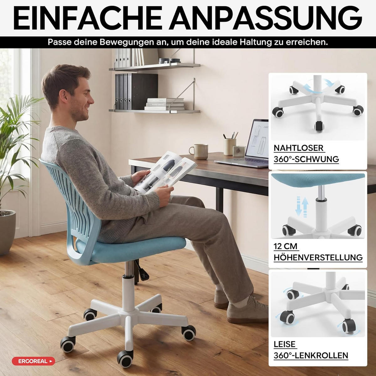 BÜROSTUHL Ergonomischer ohne Armlehne, mit Rollen & Höhenverstellung - Blau, Metall (55/79/55cm)