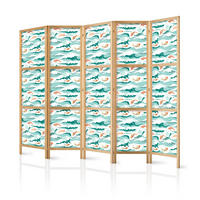 PARAVENT Japanischer 5-tlg 225x172 cm Fische Blumen Meereswellen - Türkis, Holz/Textil (225/172/3cm) - Muralo
