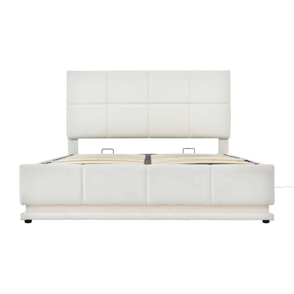 ČALÚNENÁ posteľ z umelej kože 140x200 cm biela s LED osvetlením, hydraulickým úložným priestorom a roštom - biela, textil (140/200cm) - Modfu