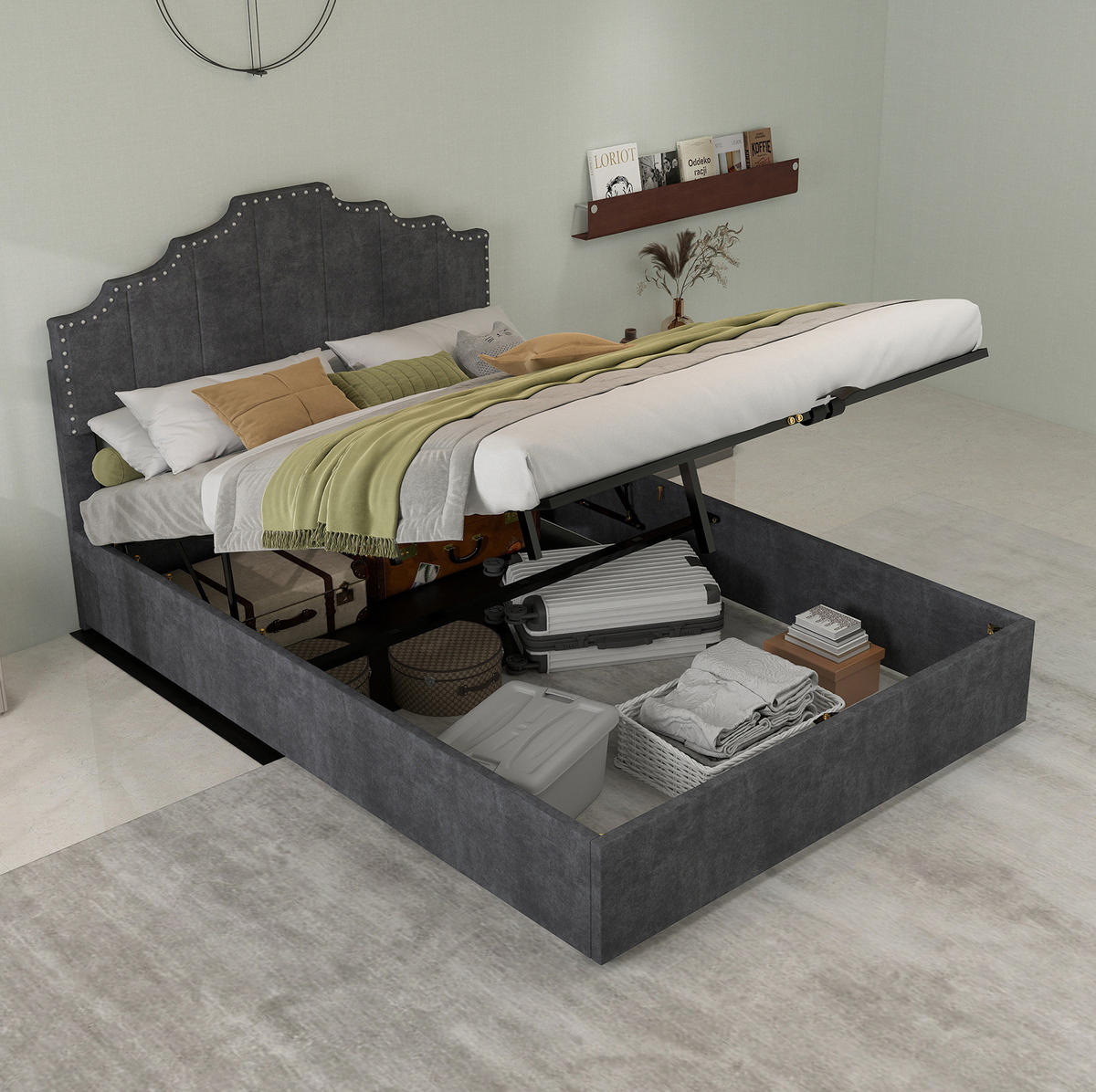 POLSTERBETT 140/200 cm mit gepolstertem Kopfteil und Lattenrost, geometrisches Design, Grau - Grau, Textil (140/200cm) - Redom