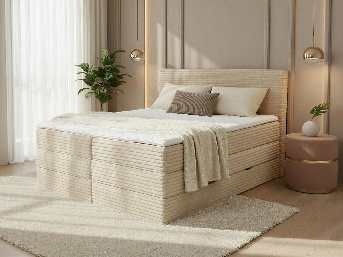 BOXSPRINGBETT Mollo Max - 160x200 - beige (Tilia 03, Cord) - Beige/Schwarz, Holz/Holzwerkstoff (160/200cm) - Sofnet