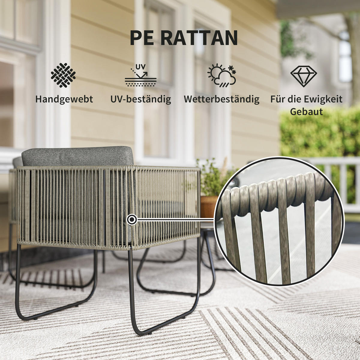 GARTENMÖBEL LOUNGE-SET DE-06742 4-teilig mit Sofa, Sessel & Tisch - Dunkelgrau, Kunststoff/Metall - ComfortXL