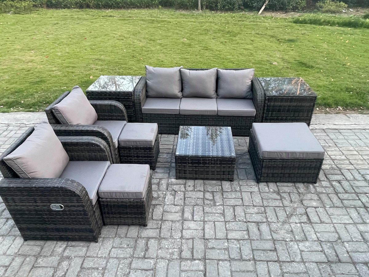 GARTENMÖBELGARNITUR mit KISSEN Polyrattan Dunkelgrau 8-Sitzer - Dunkelgrau/Grau, Glas/Kunststoff - Fimous