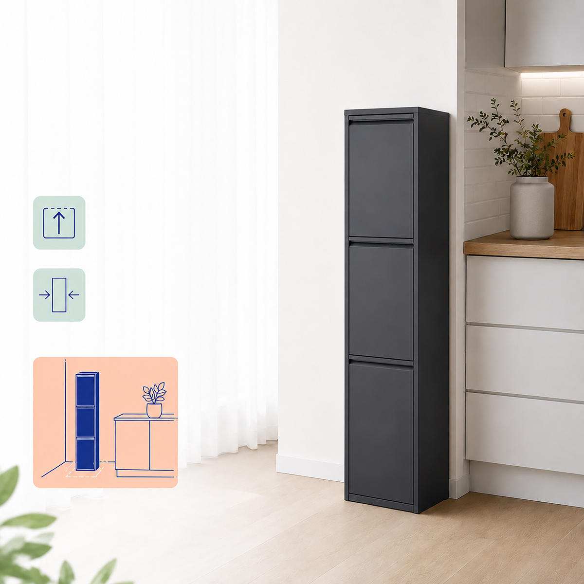 COȘ Antracit colectare selectivă 3x18 l oțel - antracit, material plastic/metal (32/132/25cm) - Relaxdays