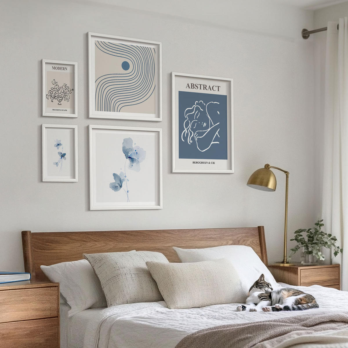 WANDBILDER 5er-Set - 50x50 cm & 20x30 cm & 40x60 cm Weißer Rahmen - abstrakte Poster mit Blumenlinien - Weiß, Kunststoff (40/60cm) - ArtPrintCave