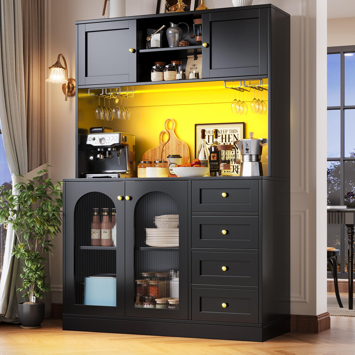 HIGHBOARD in Schwarz mit LED-Lichtleiste und Schubladen für Küche und Wohnzimmer, B120/T40/H188 cm - Schwarz, Glas/Holzwerkstoff (120/188/40cm) - STILVORA