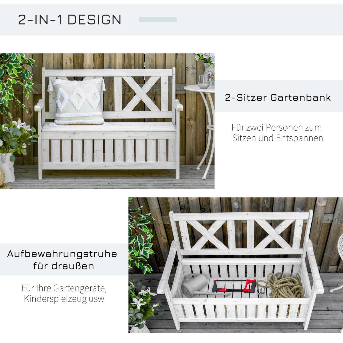 GARTENBANK mit Stauraum 3-Sitzer Tannenholz Weiß - Weiß, Holz (61/85/115cm) - Outsunny