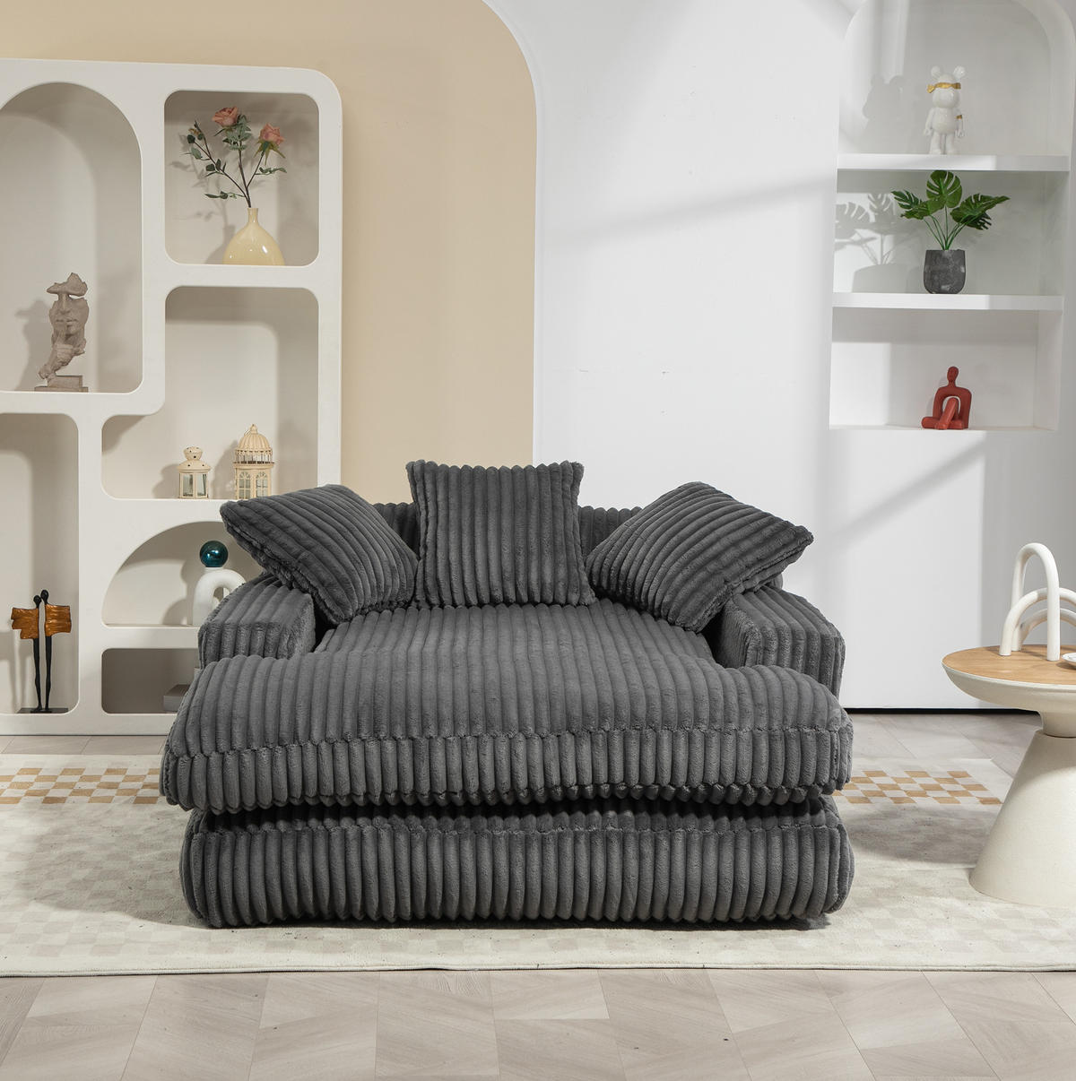 BIGSOFA 125/155/63 cm in Cord Dunkelgrau mit Chaiselongue - Dunkelgrau, Textil (63/125/155cm) - BEAOK
