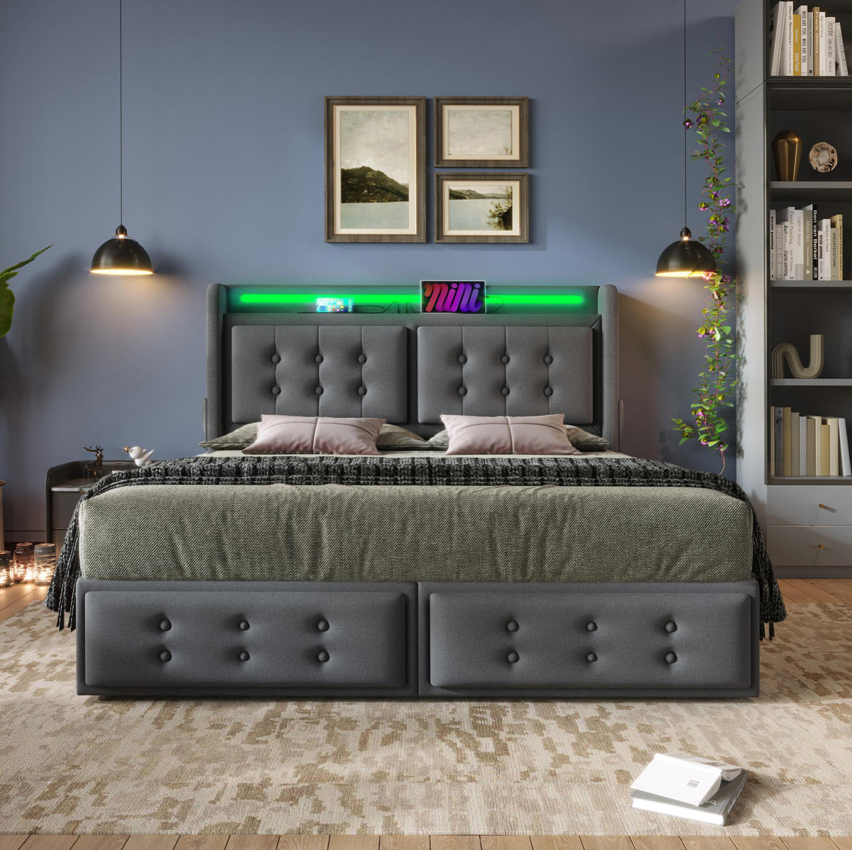 POLSTERBETT mit LED, USB-C und 4 Schubladen 180x200 cm Grau - Grau, Metall (180/200cm) - Meubliv