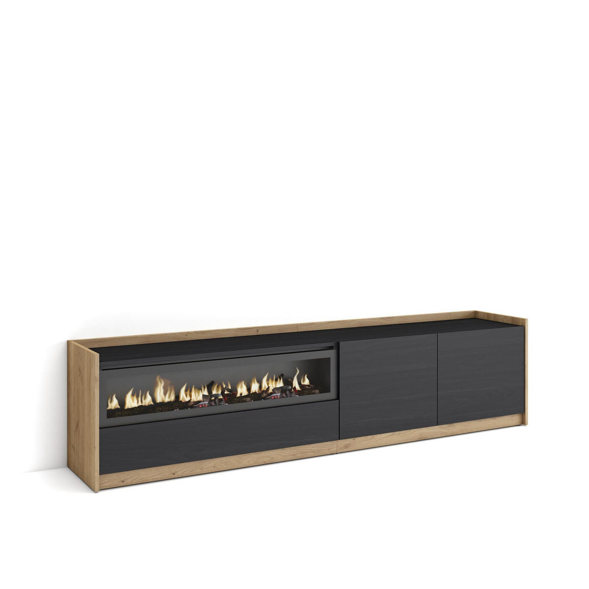 TV-SCHRANK, Lowboard, Schwarz Eiche, Elektrokamin, 207/37/50cm - Schwarz, Holzwerkstoff (207/50/37cm) - Skraut Home