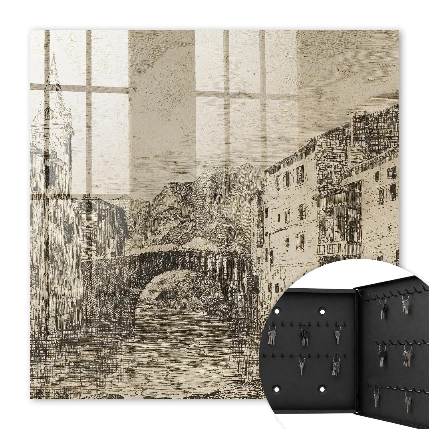 SCHLÜSSELBOX Schwarz 30x30 cm- Türöffnung nach rechts - Antike Atmosphäre - Beige, Metall (30/30/5cm) - TULUP