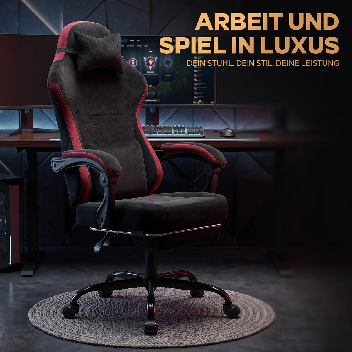 GAMINGSTUHL DE-40995 mit Nackenkissen und Rückenkissen Schwarz\Rot - Rot, Metall (58.5/120.5/63cm) - ComfortXL