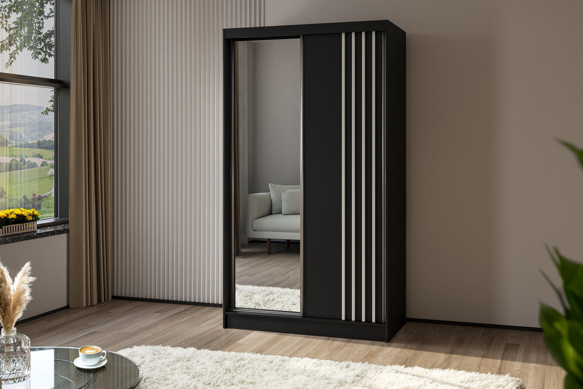 KLEIDERSCHRANK mit Spiegel-Schiebetüren und Aluminium-Leisten, LED-Beleuchtung - NALLA - 120 cm Schwarz+Schwarz+Weiß - Schwarz/Weiß, Holzwerkstoff (120/216/61cm) - ALTDECOR
