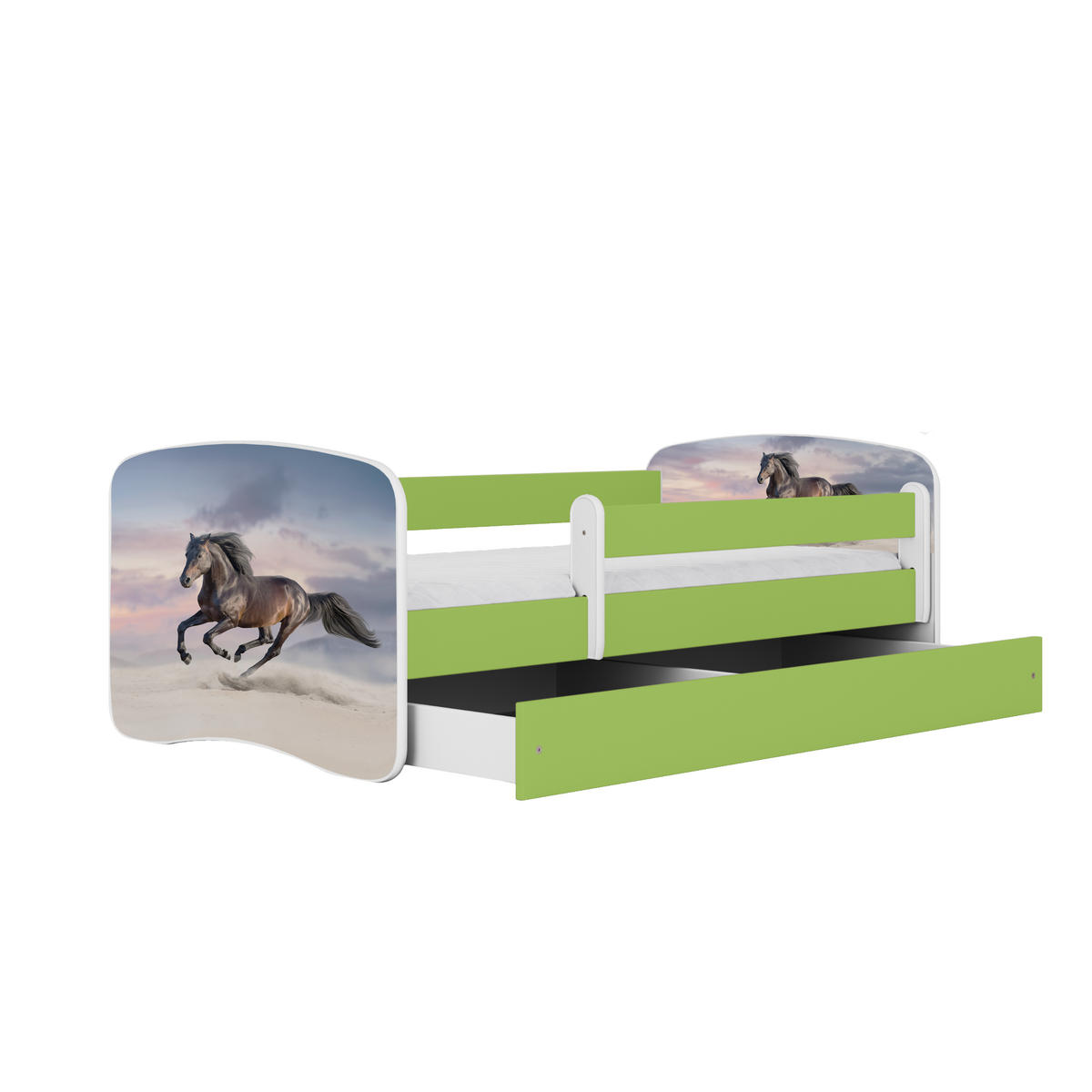 KINDERBETT Pferd im Galopp mit Schublade und Matratze 140/70 - Grün, Holzwerkstoff (70/140cm) - RAUMHIRSCH FURNITURE