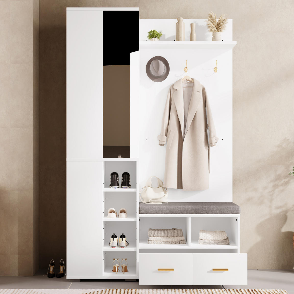 GARDEROBENSET, Spiegel, Schuhbank, 3 Haken, Weiß, 120x35x190cm - Weiß, Holzwerkstoff (35/190/120cm) - FLIEKS