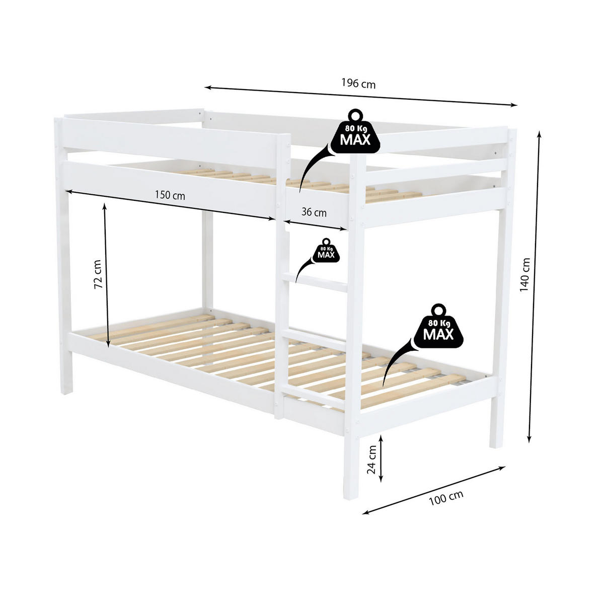 ETAGENBETT BRICE mit Lattenrosten / Etagenbett 90x190 - Weiß - Weiß, Holz (90/190cm) - Weber Industries