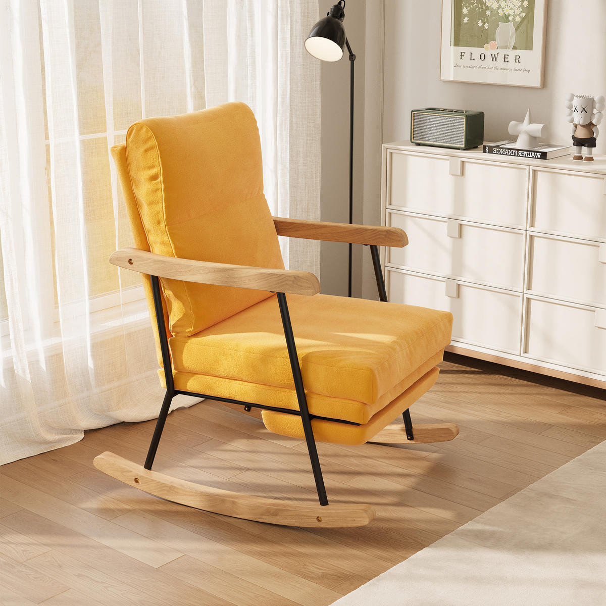 SCHAUKELSTUHL Gelb aus Leinen, gepolsterter Relaxstuhl für Wohnzimmer und Schlafzimmer - Gelb, Holz/Textil (64/94/97cm) - PARAFTA HOME