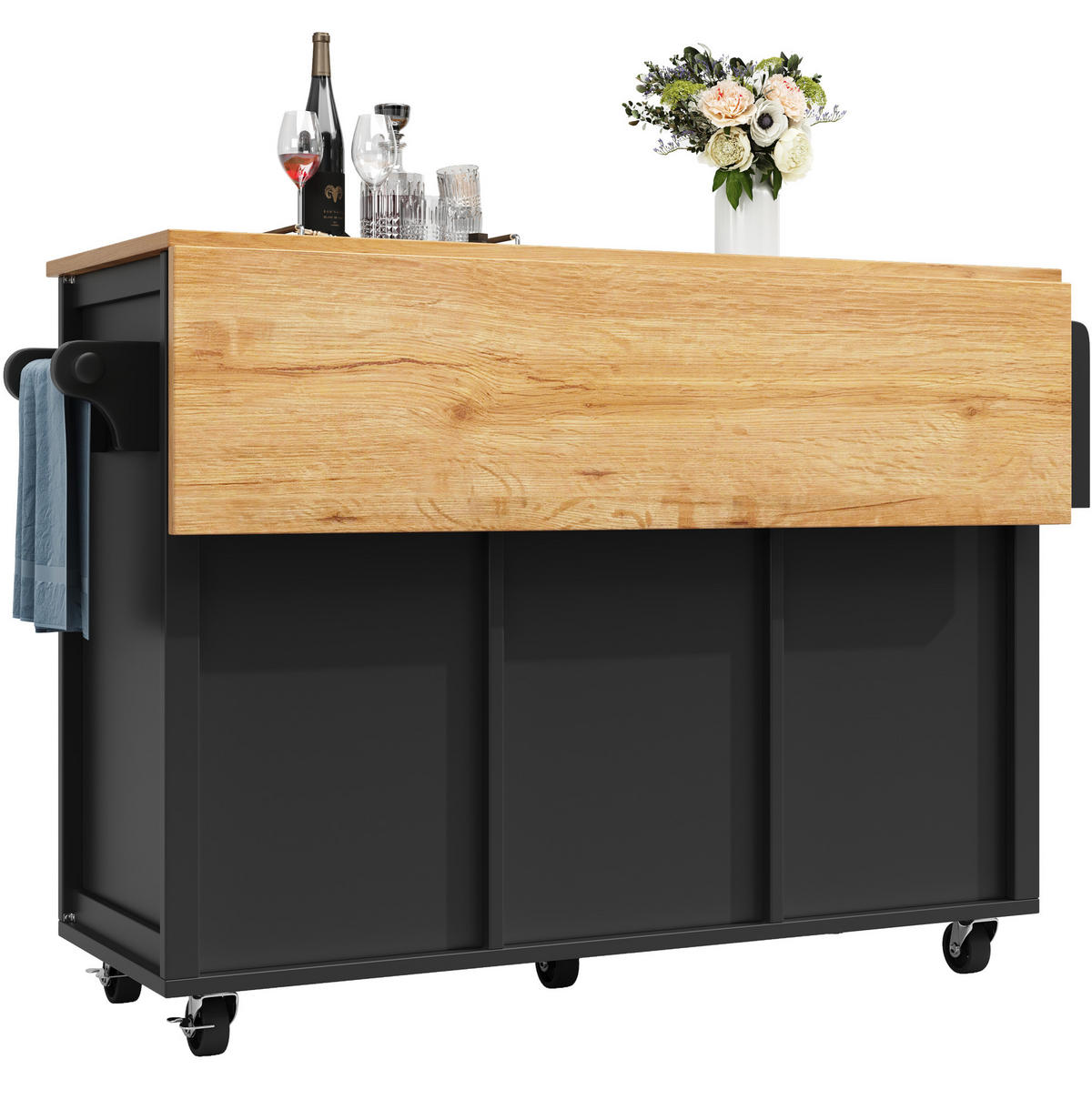 KÜCHENINSEL 137,9/73/92,2 cm schwarz aus MDF/Metall mit Klapptisch - Schwarz, Holzwerkstoff (137.9/92/73cm) - OKWISH