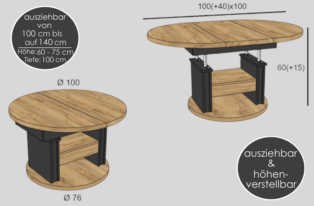 COUCHTISCH rund ausziehbar höhenverstellbar Schubalde 100/100/60 cm - Anthrazit/Beige, Holzwerkstoff (100/100/60cm) - designimpex