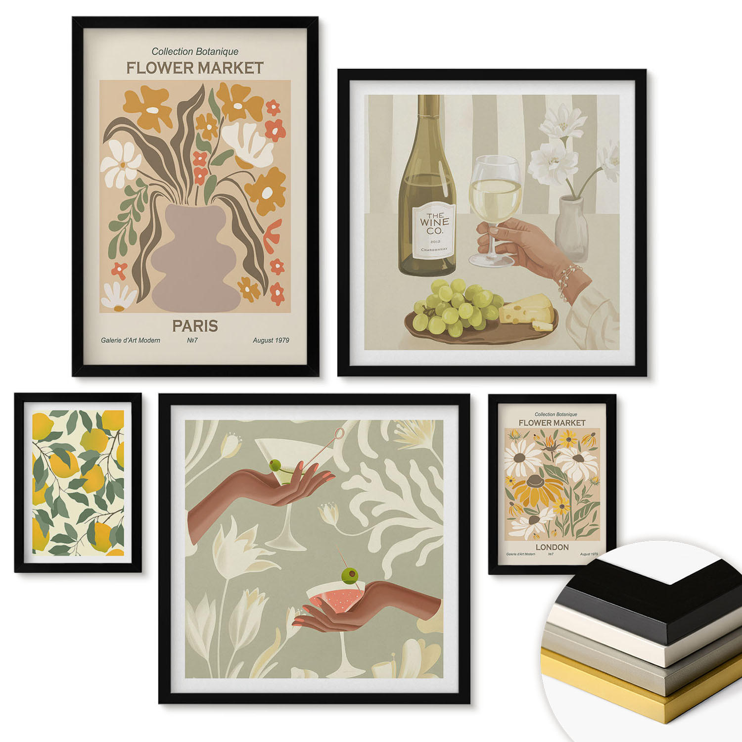 WANDBILDER 5er-Set - 50x50 cm & 20x30 cm & 40x60 cm Schwarzer Rahmen - Blumenposter Paris Mailand - Schwarz, Kunststoff (40/60cm) - ArtPrintCave