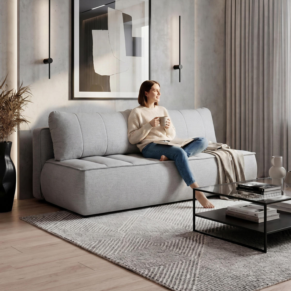 SCHLAFOSOFA Doris mit Schlaffunktion und Bettkasten, DL-System, Hellgrau - Hellgrau, Textil (210/88/100cm) - Beautysofa