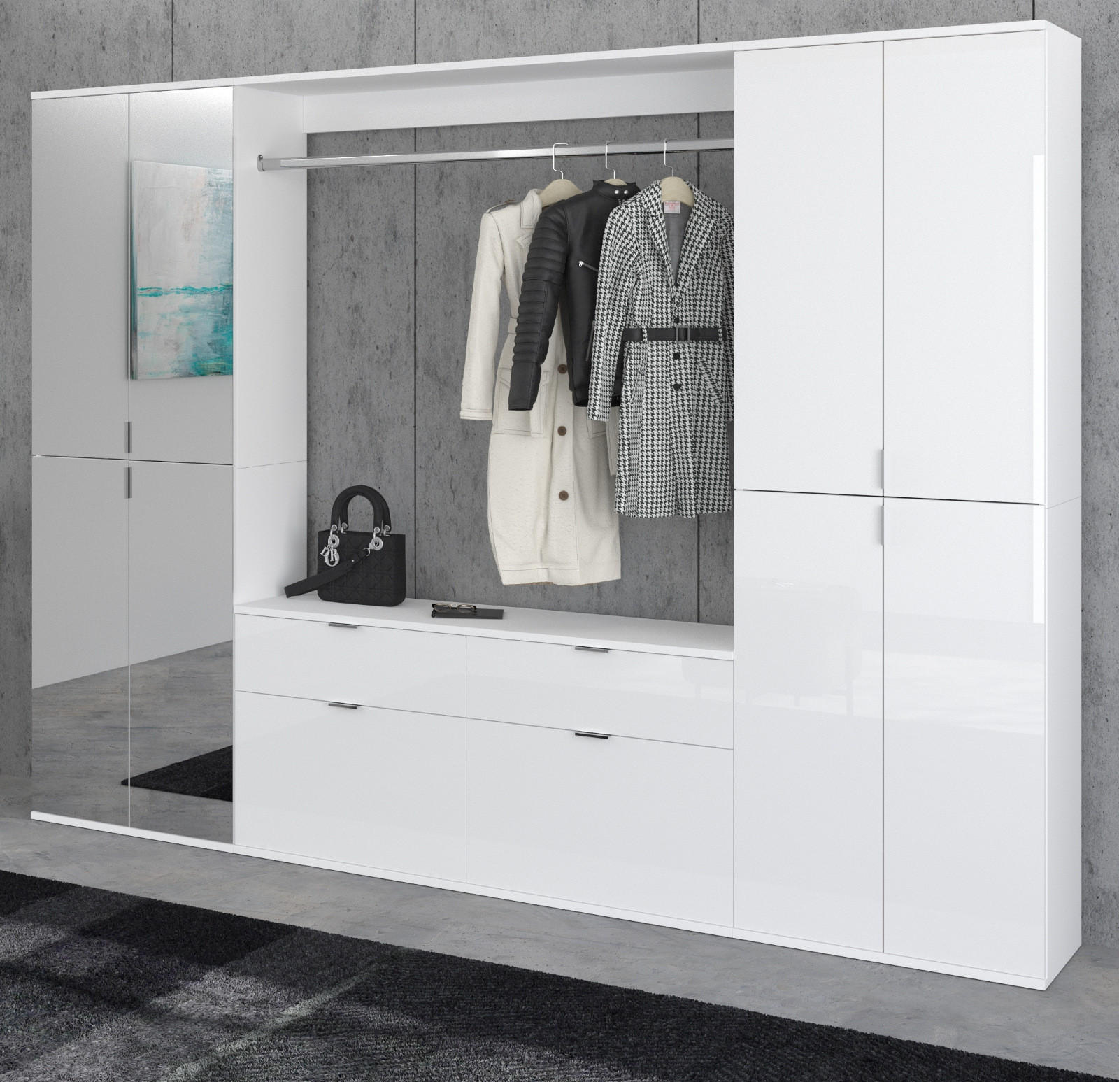 GARDEROBEN-SET weiß Hochglanz 243 cm mit Spiegel, Flurgarderobe - Chromfarben/Weiß Hochglanz, Glas/Holzwerkstoff (243/193/34cm) - Inn.Furn