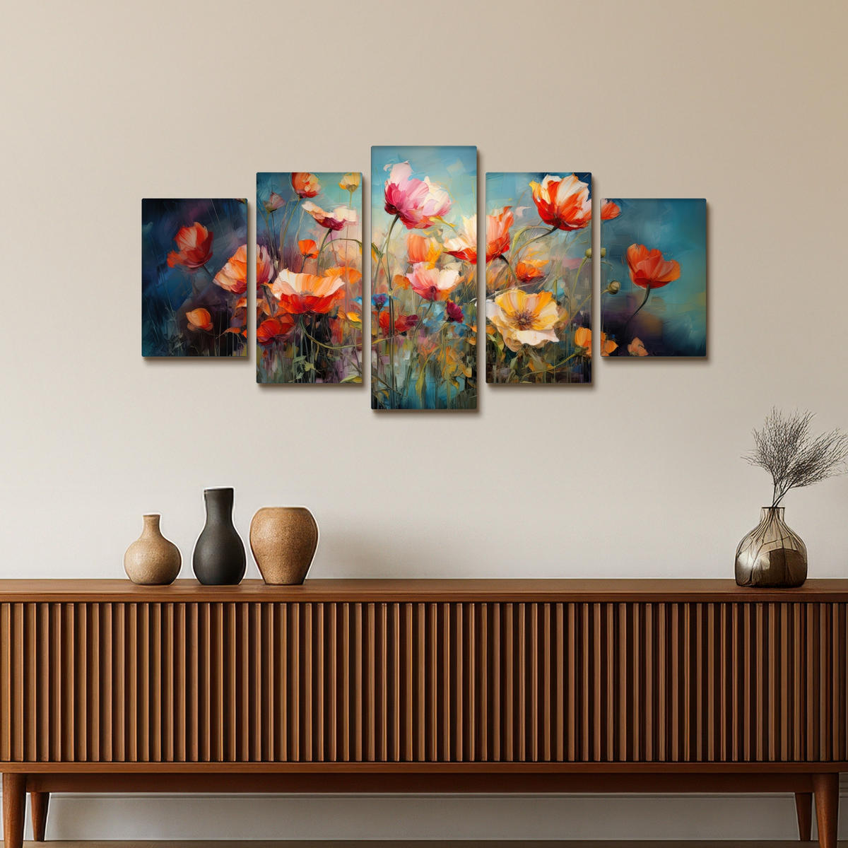 LEINWANDBILD 5er Set Blumen - Bunt - Abstrakt 100x50 cm - Blaugrau, Textil (100/50cm) - MuchoWow