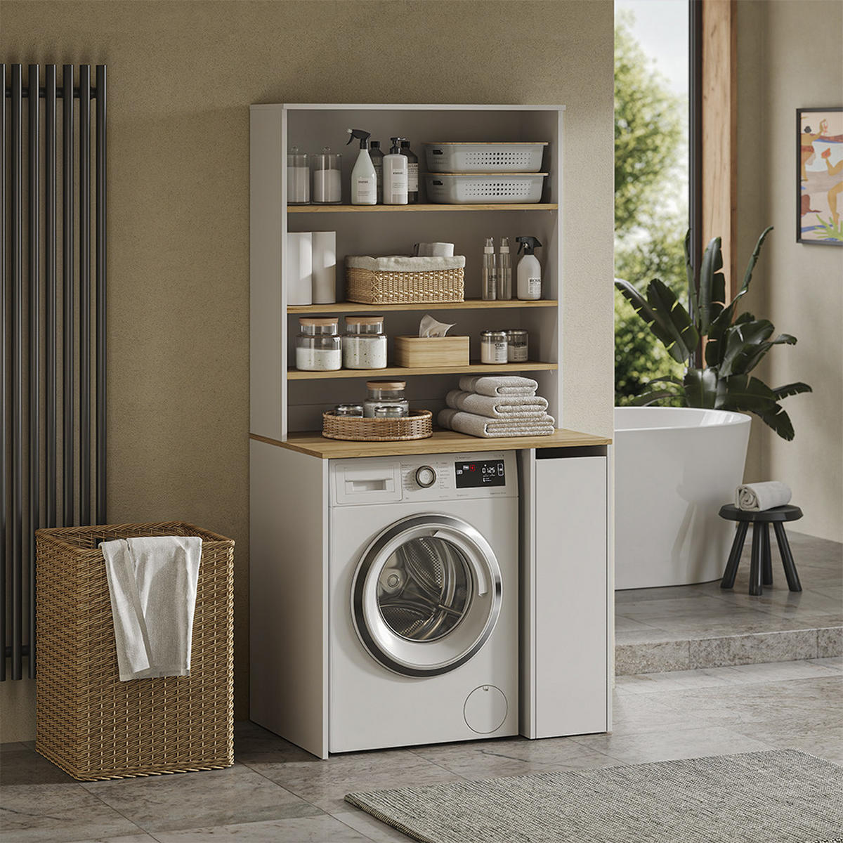 WASCHMASCHINENSCHRANK Viktor, Weiß/Artisan-Eiche, 93.6 x 88.2 cm 2 Teile mit Rollregal - Weiß/Eiche Artisan, Holzwerkstoff (93.6/88.2/60cm) - Vicco