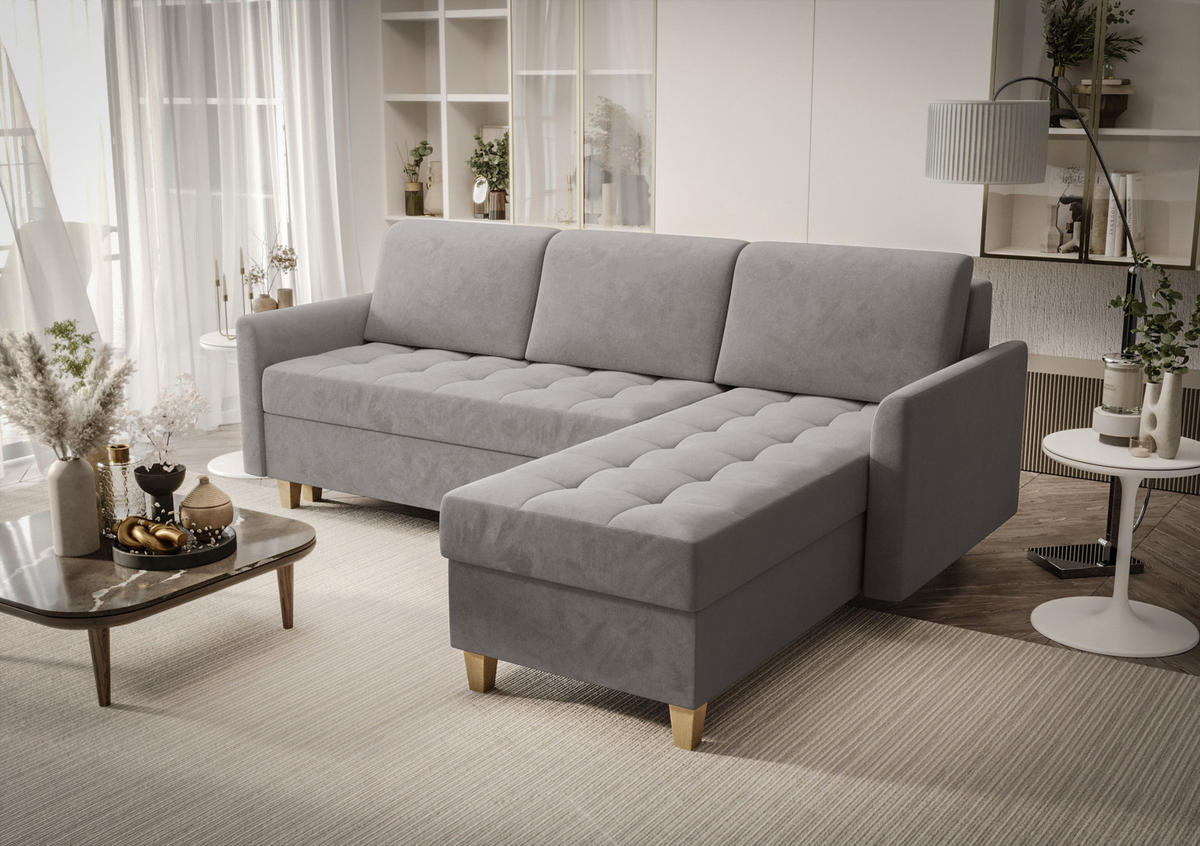 ECKSOFA KONGO RBN08, Eckcouch in L-Form mit Schlaffunktion, Farbe: Grau, Velourstoff, Ottomane Rechts - Grau, Textil (240/180cm) - O-Sofa